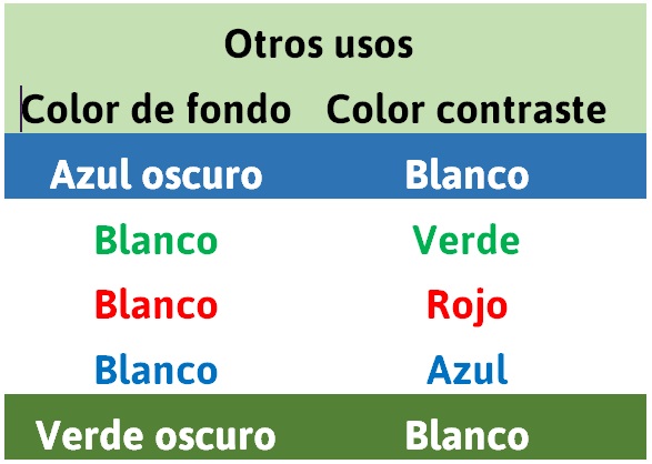 Cuadro de colores generico para utilizar en arquitectura con contraste de color garantizado. BLANCO sobre azul o verde obscuros y VERDE, ROJO o AZUL sobre fondo blanco