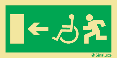 Imagen de una señal de evacuación en la que se aprecia un indicativo de Accesibilidad, una flecha direccional y una puerta que indica "salida" .
Fondo verde, pictogramas en amarillo reflectante