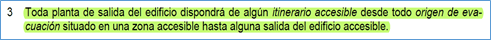 imagen del texto del CTE que indica que toda planta del edificio dispondrá de un itinerario accesible que comunique todo origen de evacuación con una salida del edificio accesible.