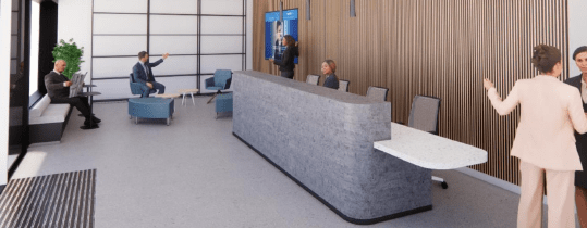 Imagen renderizada de la propuesta en la que se ve un gran mostrador para cuatro puestos de trabajo centrales con un "parapeto" que cubre hasta , más o menos, 100cm y hasta el suelo. En los laterales hay dos zonas con mostrador "volado" como para atender a personas que precisan sentarse.